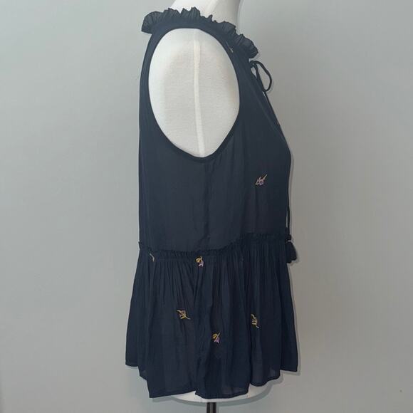Loft Blue Sleeveless Embroidered Floral Baby doll Sheer Top Blouse Women's Small - Picture 5 of 6